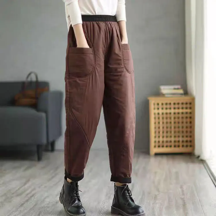 复古撞色夹棉哈伦裤女冬季通勤简约加棉妈妈休闲爆款外穿棉裤