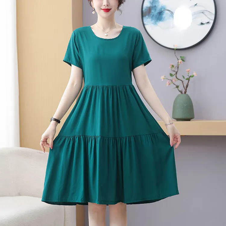 纯色棉绸连衣裙女宽松大码显瘦系带中长裙短袖人造棉度假沙滩裙子