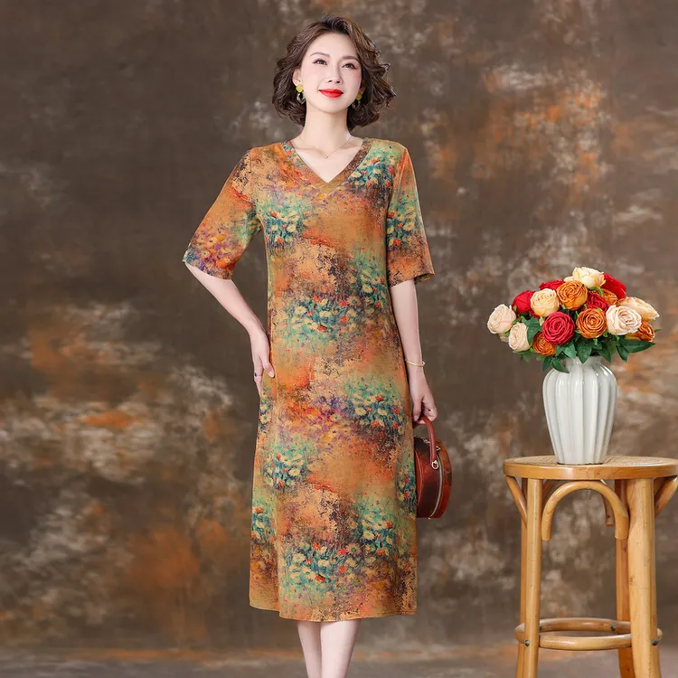 齐黛真丝桑蚕丝连衣裙2023新款女大码妈妈装年轻款夏季裙子宽松