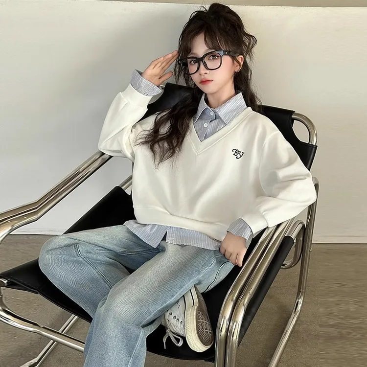 女童假两件卫衣春秋季2025新款中大儿童学院风秋季上衣衬衫打底衫