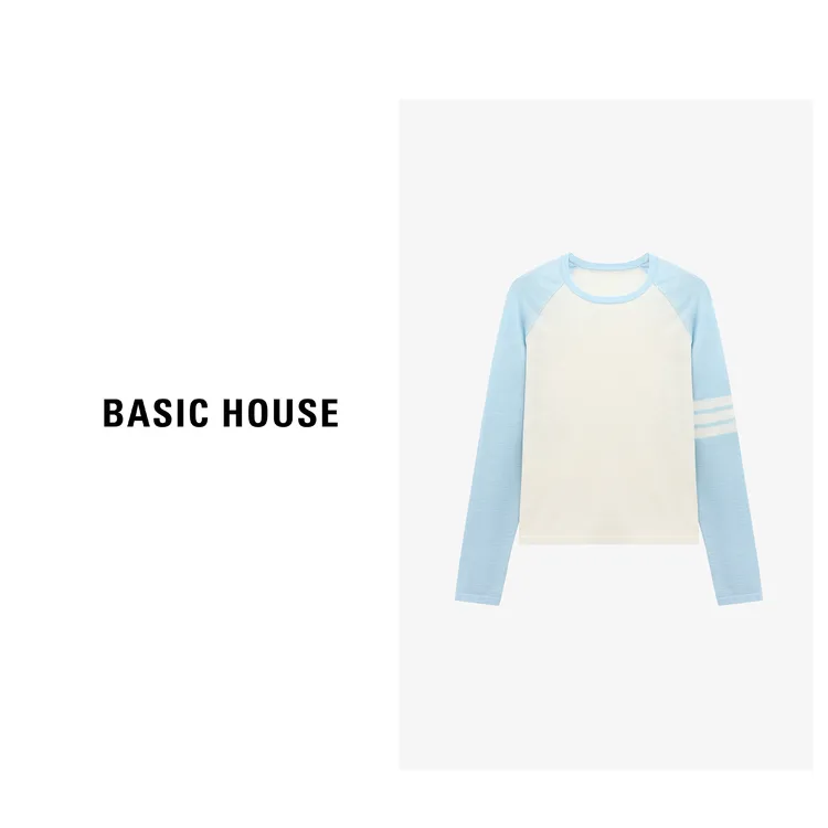 Basic House/百家好长袖时尚休闲圆领拼接套头针织衫-B0625B59042