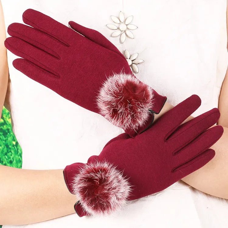 保暖手套新款秋冬季女士兔毛球不倒绒手套加绒加厚不倒绒触屏手套