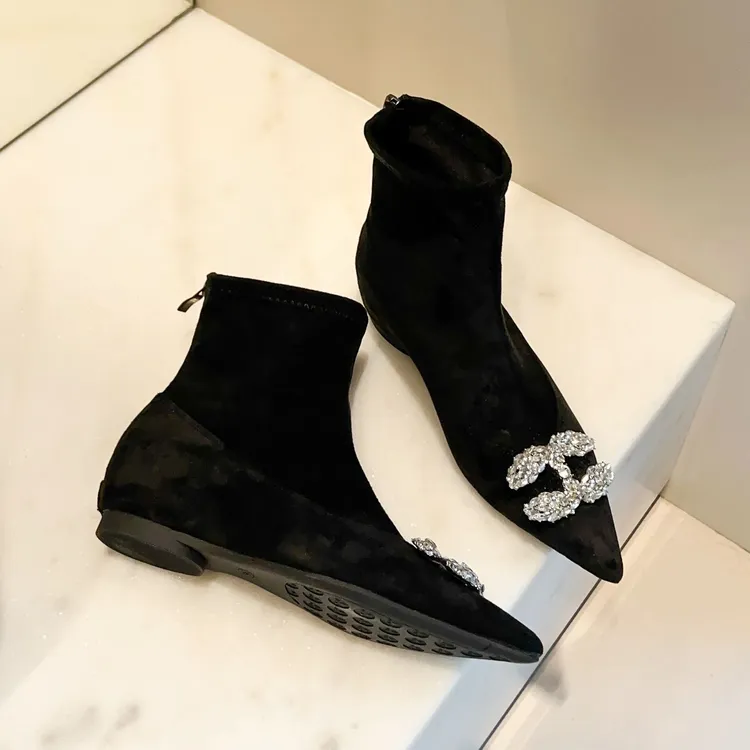 内增高4cm弹力靴短筒靴秋冬季尖头加绒厚黑美学短靴水钻款瘦瘦靴