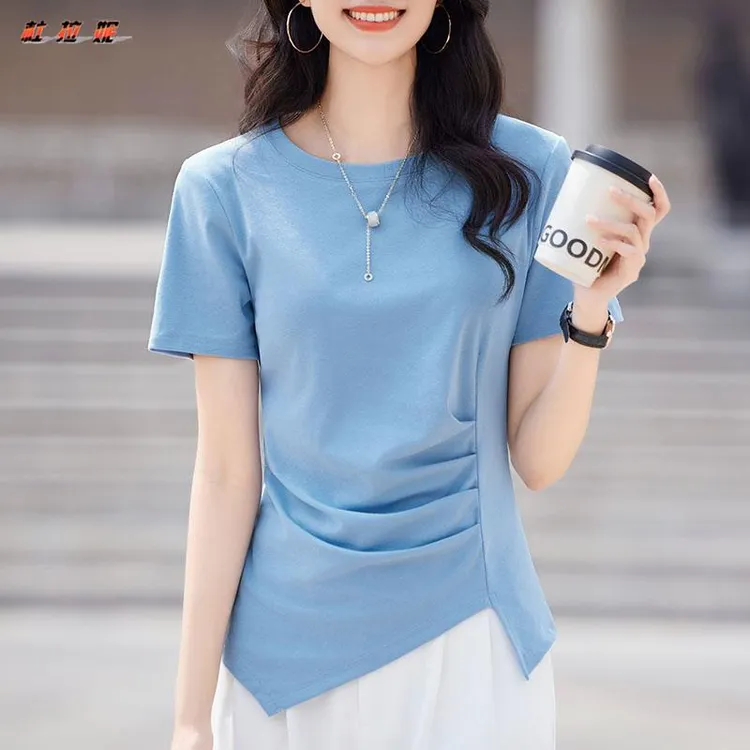 杜拉妮2025夏季圆领纯色正肩短袖T恤女不规则抽褶修身上衣半袖t恤