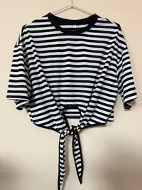 【熊二服饰】圆领高腰条纹系带短袖T恤小上衣