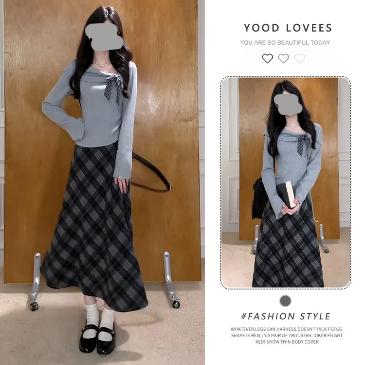 时尚套装女2025春秋新款蝴蝶结绑带针织上衣格纹显瘦半身裙两件套