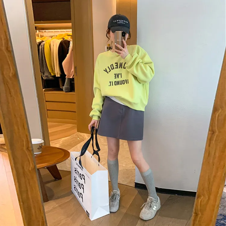 美式黄色加绒卫衣女秋冬长袖宽松印花百搭休闲显瘦时尚圆领外套潮