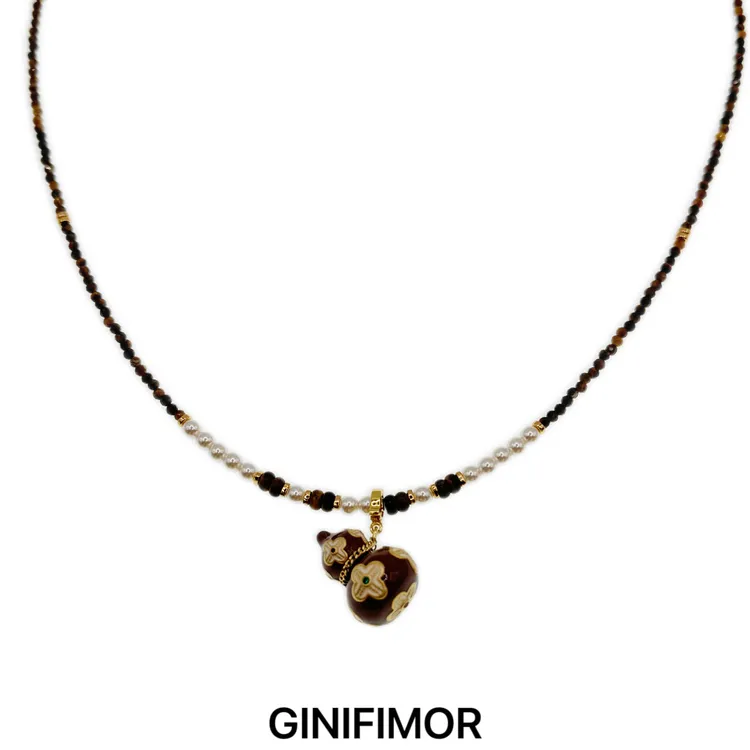 GINIFIMOR 铜合金仿珍珠项链 a852 美拉德虎眼石四叶草葫芦毛衣链