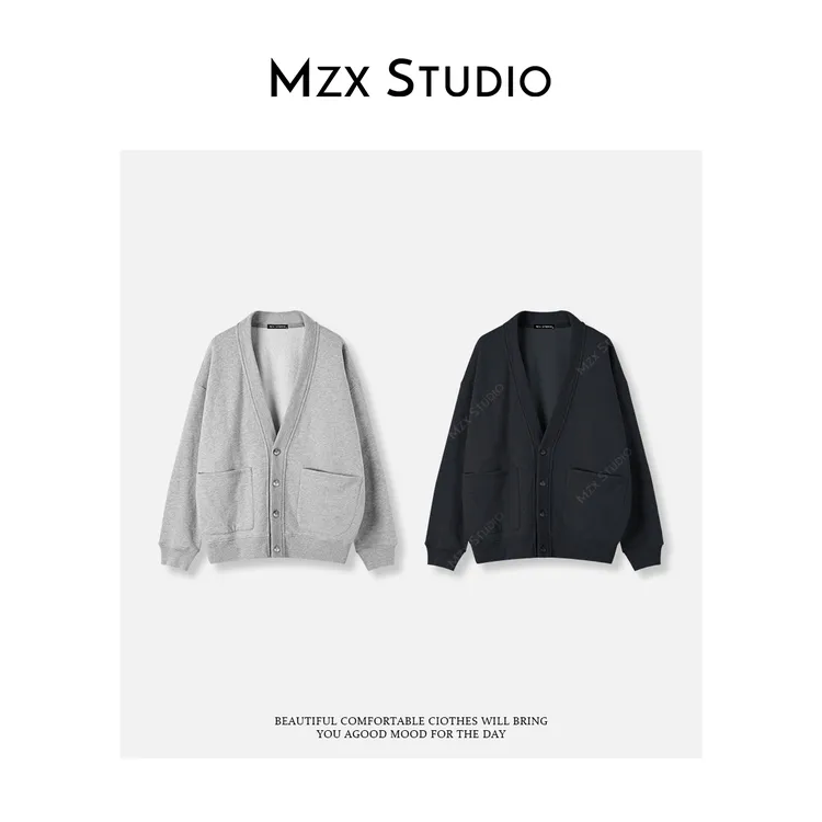 MZX 秋季高克重全棉磨破V领长袖纯色纽扣开衫外套 WT10198-R