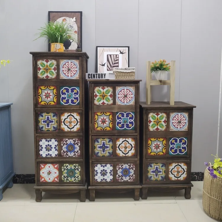 复古彩绘收纳储物柜实木带门客厅组合柜卧室床边会创意斗柜
