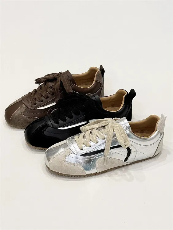 爆款复古平底内增高银色德训鞋女2025秋新款透气小众百搭休闲板鞋