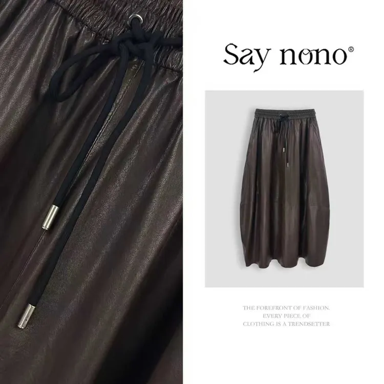 懒猫nono│Saynono 时尚休闲气质百搭抽绳设计绵羊皮半身裙F09099M