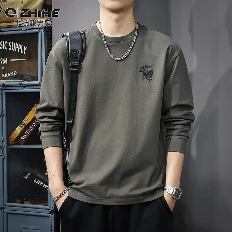 QZHIHE/千纸鹤秋季美式重磅长袖t恤男复古刺绣宽松休闲打底衫卫衣