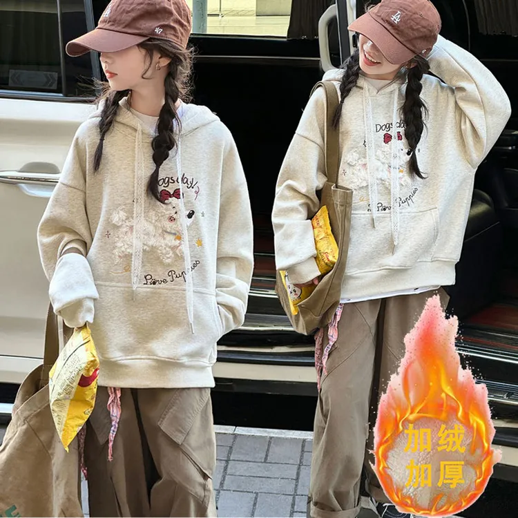 女童可爱卡通绣花加绒连帽卫衣2025冬季新款中大童女孩T恤上衣酷