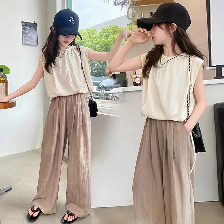 儿童防蚊裤夏季轻薄垂感冰丝阔腿裤套装女大童宽松清凉休闲山本裤