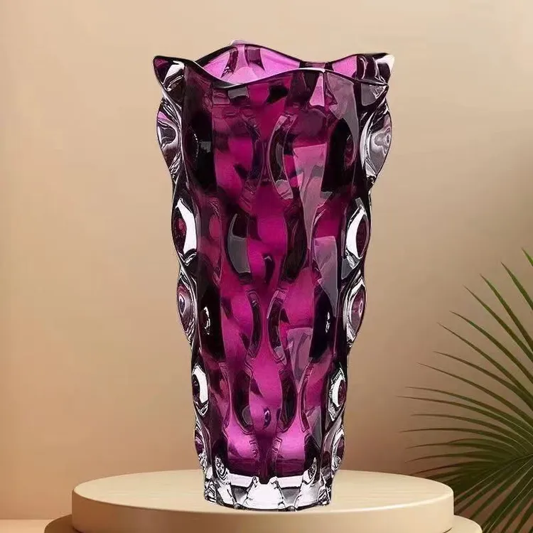 水晶玻璃紫色高档花瓶摆件客厅插花轻奢水晶玻璃瓶高级感鲜花盆