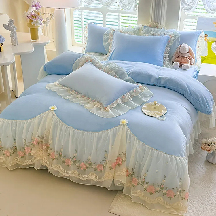 加厚冬季公主风韩版蕾丝高克牛奶绒床盖四件套保暖被套床单少女心