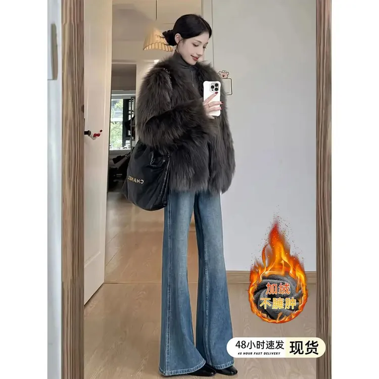 雪千羽复古加绒微喇牛仔裤女小个子2025新款加厚高腰不贴腿喇叭裤