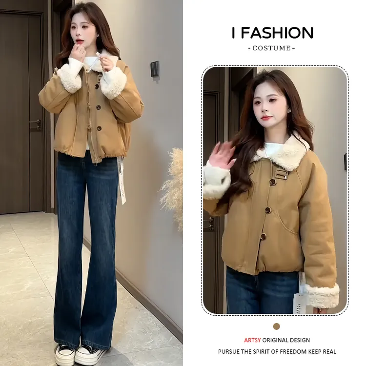 休闲风法式慵懒翻领棉服女2025年冬季新款时尚宽松单排扣长袖上衣