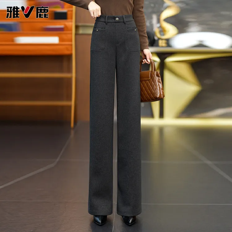 雅鹿黑灰色休闲毛呢阔腿直筒裤女2025冬季新款高腰窄版直筒裤