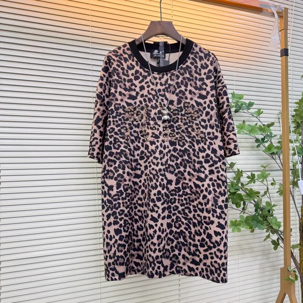 中长款豹纹圆领短袖T恤提花迷彩薄雾大码少女风时尚休闲打底女士