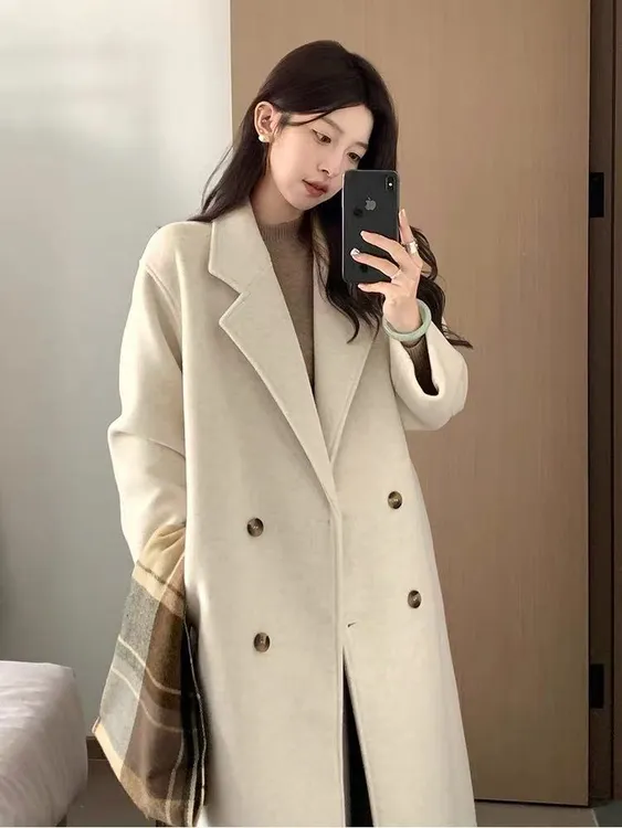 绵羊毛大衣时尚2025冬新款高级感韩系气质温柔中长款外套M 