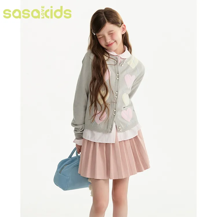 sasakids 撞色爱心可爱纽扣休闲慵懒感毛衣外套百搭针织开衫女童