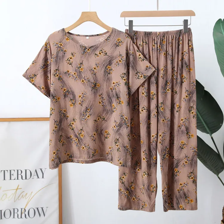 夏季妈妈棉绸睡衣休闲家居服女外穿薄款大码短袖夏天正宗棉绸套装