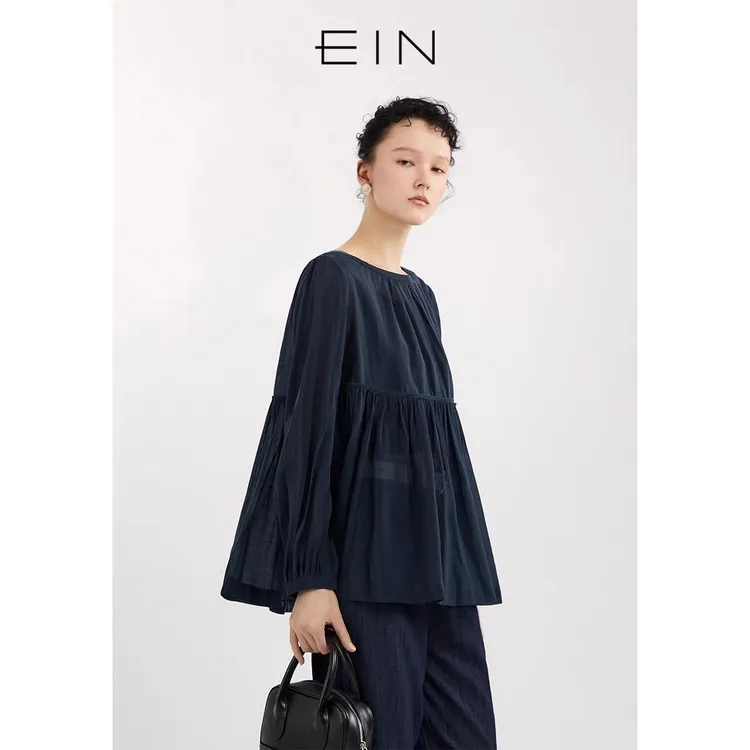EIN/言25早秋季文艺通勤款式拼接碎褶A字形灯笼袖衬衫上衣