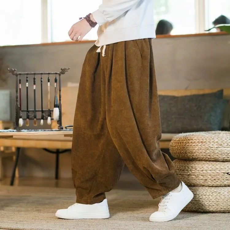 新中式灯芯绒裤子男士秋冬季复古风休闲宽松大码中国风直筒阔腿裤