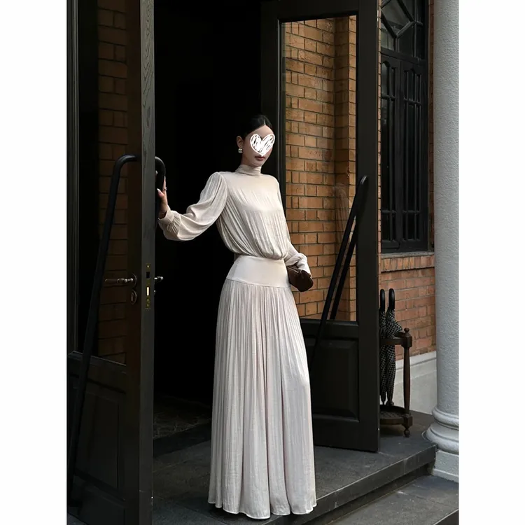 蔡蔡家「白梦妍」法式气质缎面长裙淡人高知长袖褶皱连衣裙2118#