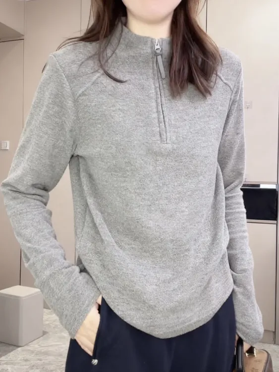 双面磨毛德绒半拉链立领保暖上衣网红老钱风女百搭卫衣纯色打底衫