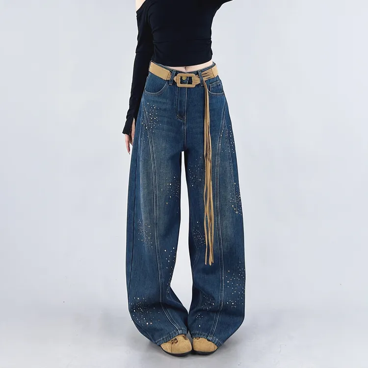 烫钻设计感阔腿弯刀牛仔裤女2025冬季新款加绒宽松显瘦百搭镰刀裤
