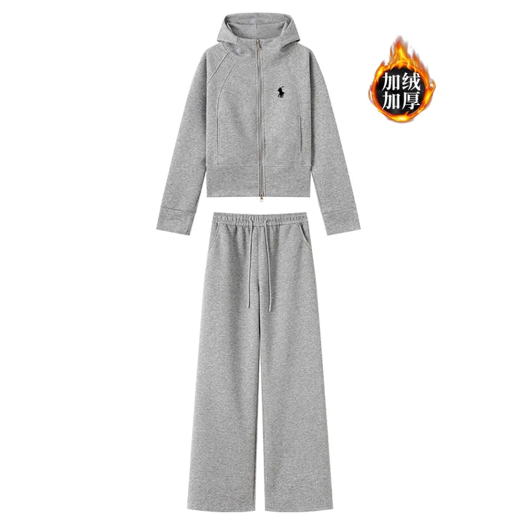 小马刺绣极简套装阔腿裤秋冬连帽显瘦高腰高级感两件套