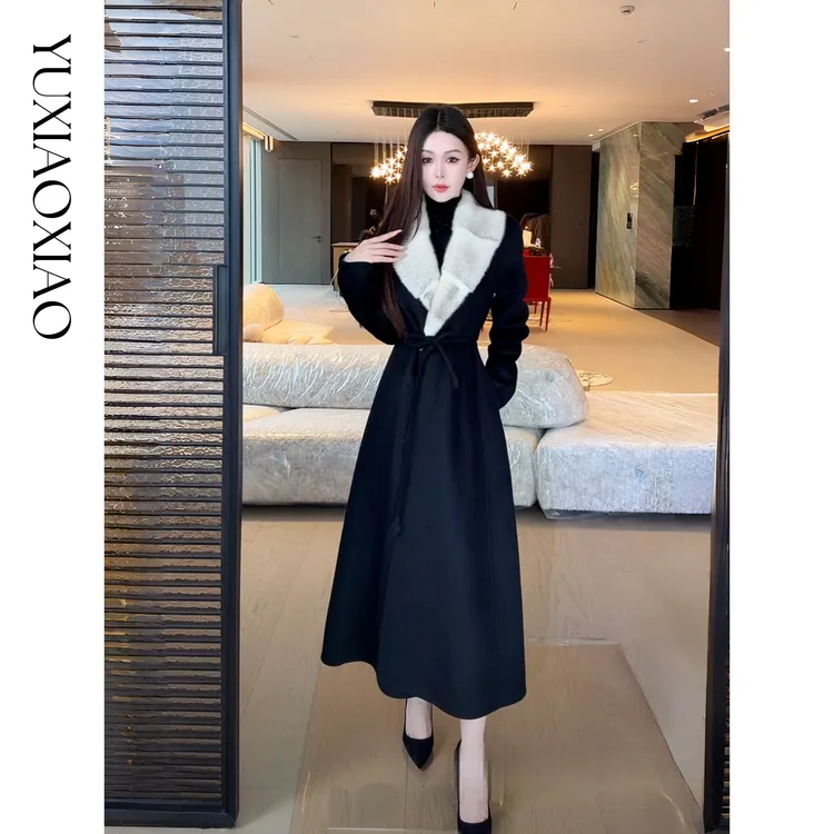 余潇潇【黑奢剧场】高级感羊绒澳毛混纺拼接横排水貂毛长款大衣外套