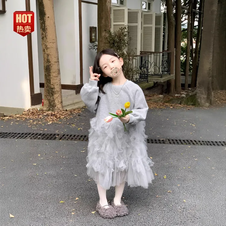 女童洋气时髦灰色卫衣裙春秋韩版中小童宝宝拼接纱裙宝宝早秋衣服
