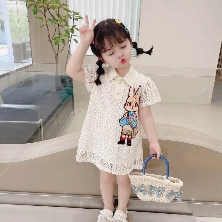女童连衣裙夏季新款Polo领蕾丝裙小兔子裙子