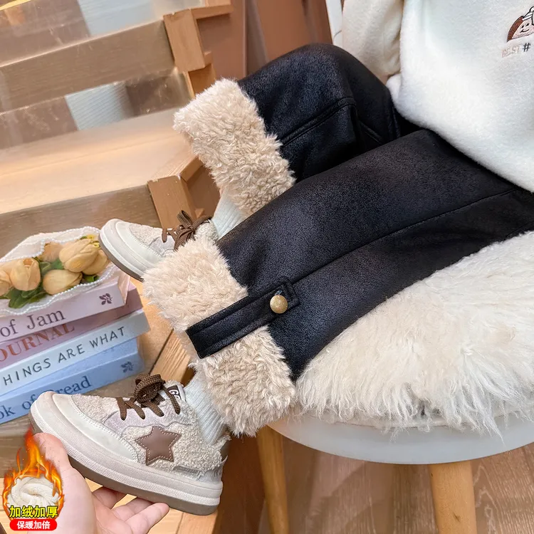 女童加绒阔腿裤秋冬款儿童一体绒加厚休闲裤小女孩冬季保暖直筒裤