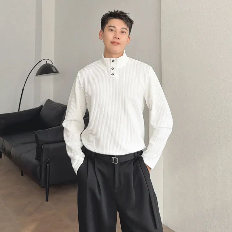 渣渣鹿韩国肌理ins亨利领长袖T恤男士春秋高级感老钱风内搭打底衫