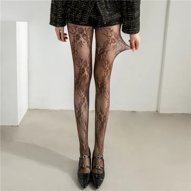 咖色连裤袜美拉德风打底袜女蕾丝镂空渔网袜子秋冬薄款灰色打底裤