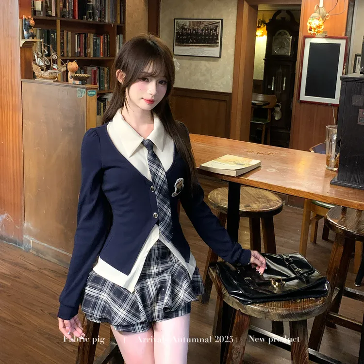 薄荷汽水绀 织物猪原创 学院风jk女夏季假两件上衣格纹短裙两件套