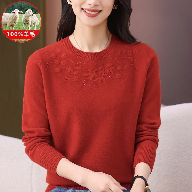 2025秋冬新款中年女士圆领100%绵羊毛时尚休闲针织纯羊毛妈妈毛衣