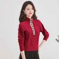 100%绵羊毛撞色包布扣长袖女式羊毛衫25DAK1885