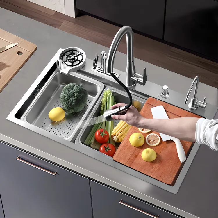 5mm加厚原色刀架鲨鱼瀑布厨房纳米蜂窝大单槽304洗菜盆大单槽