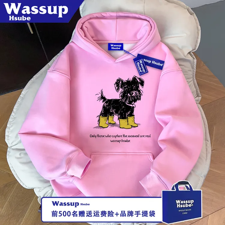 WASSUP HSUBE潮流秋冬休闲穿鞋子狗百搭宽松印花长袖卫衣情侣上衣