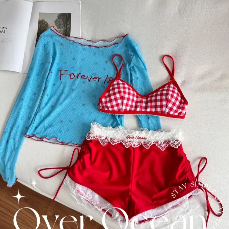 女款长袖比基尼泳衣显白遮肚适合海边度假温泉穿着