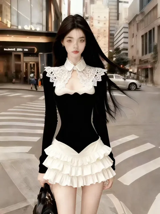 时尚新款显瘦小众撞色立领拼接蕾丝收腰修身长袖设计感短裙连衣裙