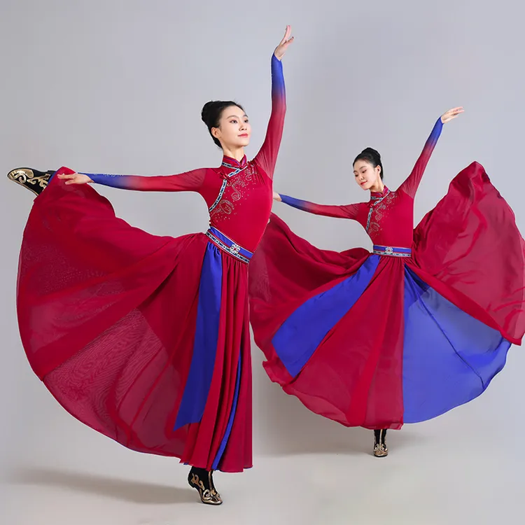 蒙古舞蹈服少数民族半身裙广场舞表演服连裆立领烫钻艺考练功服装