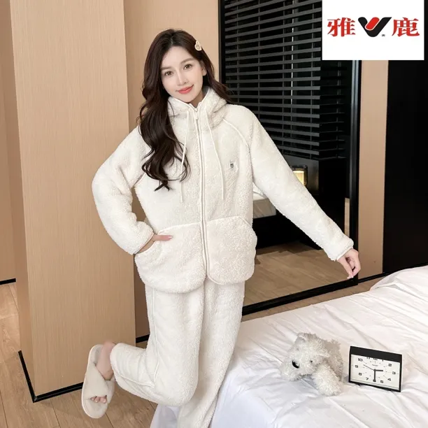 V/雅鹿2025冬季加绒加厚时尚纯色保暖连帽宽松可外穿睡衣家居服TG