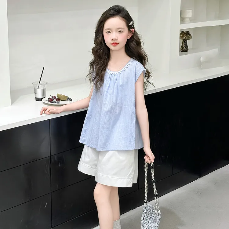 女童夏装2025新款洋气时髦套装女大童韩版宽松无袖上衣短裤两件套